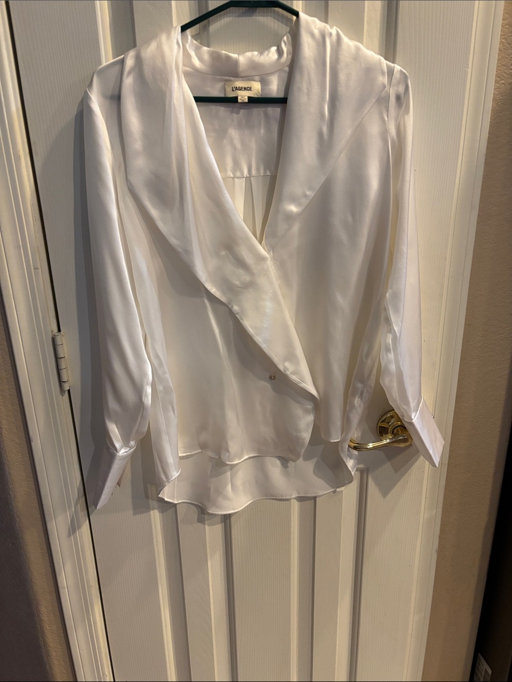 L'AGENCE Ivory Satin Drape Blouse